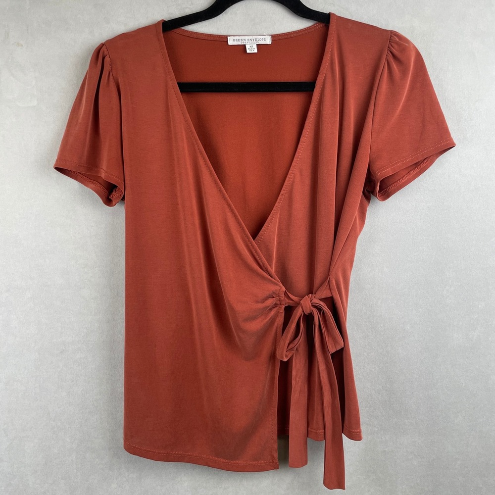 Green Envelope LA Wrap Top Terracotta Rust Short Puff Sleeve XS Boho Earthy USA